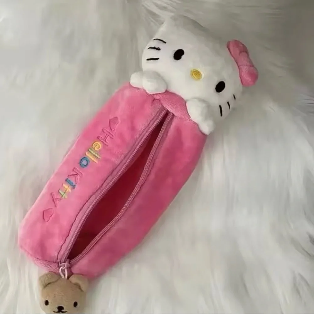 Hello Kitty Plush Pencil Case – Pink Soft Zipper Pouch with Bear Charm